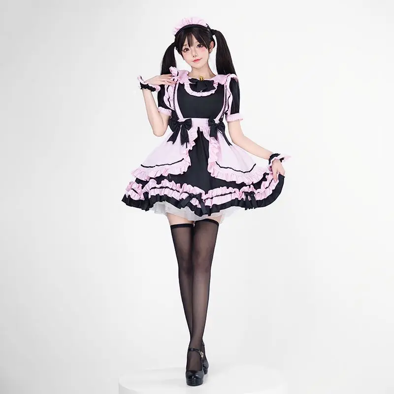 Meid Cosplay Kostuum Vrouwen Zwart Roze Meisje Lolita Jurk Schattige Kat Bell Uniform Cosplay Anime Disfraz 5-delige Set