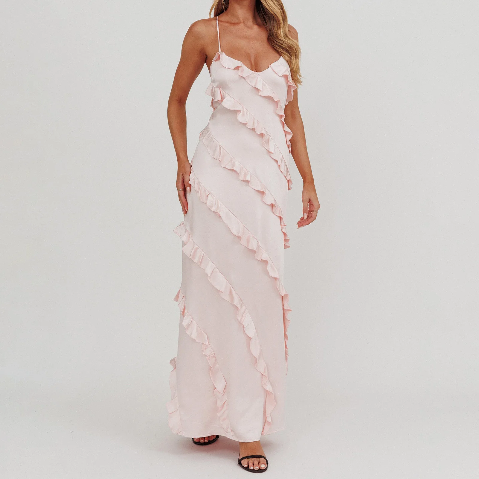 2025 Luxury Women's Soild Color Summer Long Cami Dress Sleeveless Cross Back Ruffle Trim Spaghetti Strap Dress