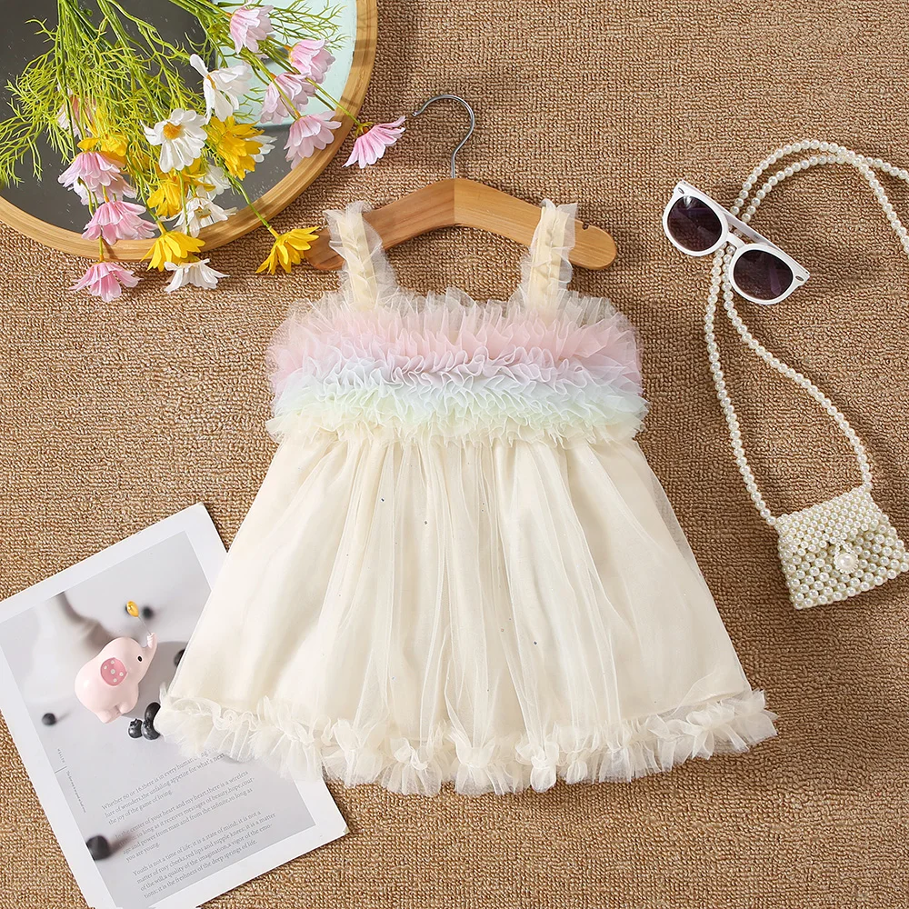 Summer baby girl dress 0-3-year-old baby girl color mesh patchwork solid mesh suspender princess dress