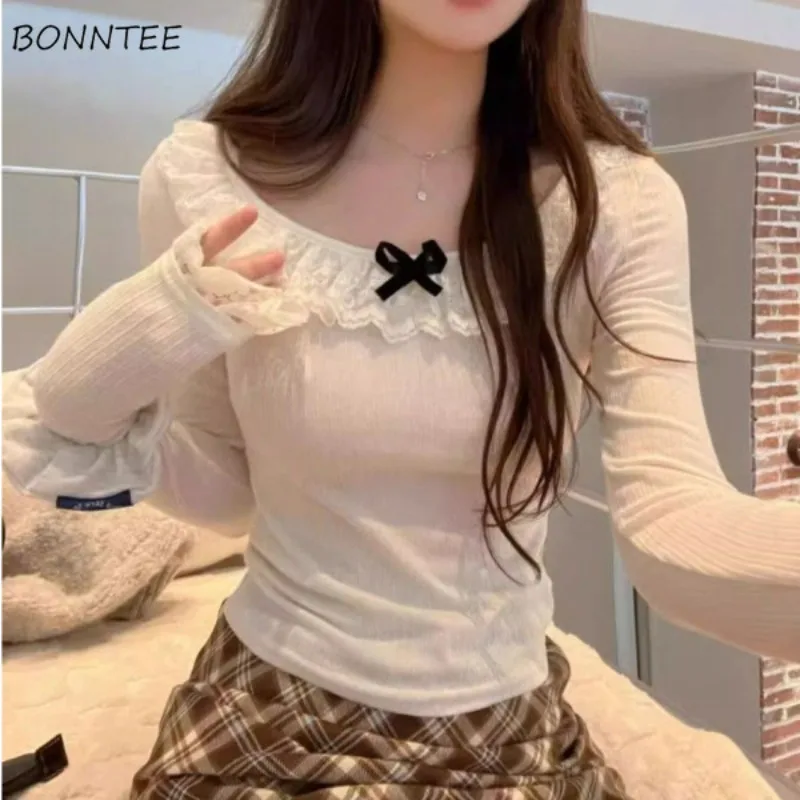 Sexy T-shirts Women Long-sleeved Autumn Sweet Bodycon Tops Lace Patchwork Bow Ruffle Chic Casual All-match Attractive Ulzzang