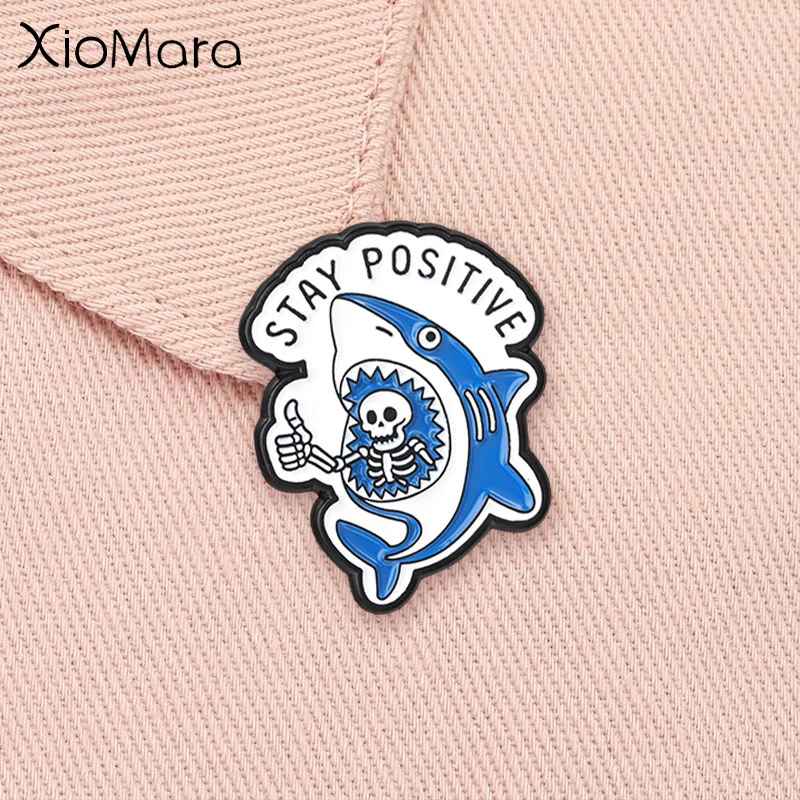 Stay Positive Enamel Pin Funny Skeleton Thumb Up in Shark Mouth Dark Humor Cartoon Marine Animal Brooch Lapel Badge Jewelry Gift