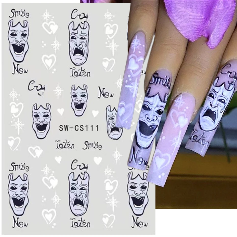 Маска для Хэллоуина наклейки для дизайна ногтей 3D Улыбка человек Сердце Звезда змея пламя лист мультфильм наклейка слайдер дизайн сделай сам зимние украшения ногтей