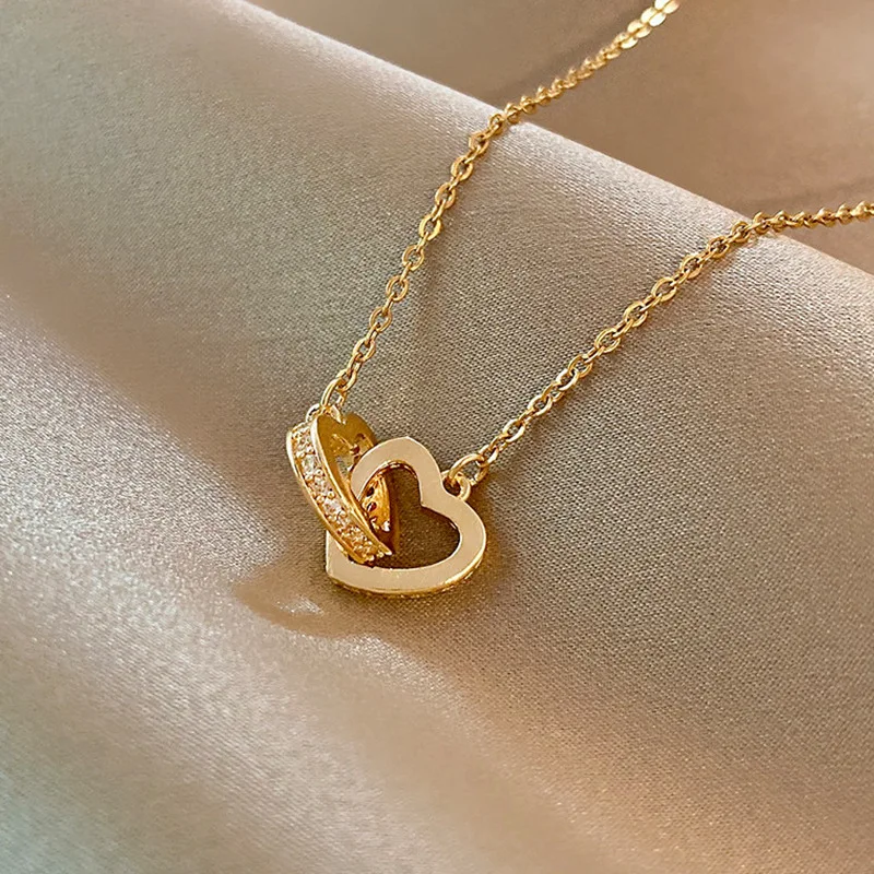 Stainless Steel Double Heart Necklace For Women Girls Clavicle Chain cuprum Zircon Pendant Choker Mother's Day Birthday Gift Jew