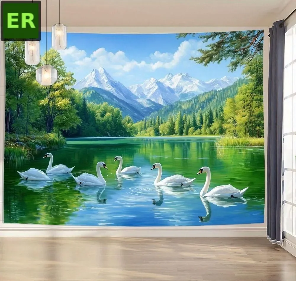 Scenic Lake & Swan Tapestry, Realistic Mountain Forest Wall Hanging, Nature Landscape Decor for Living Room Bedroom Background