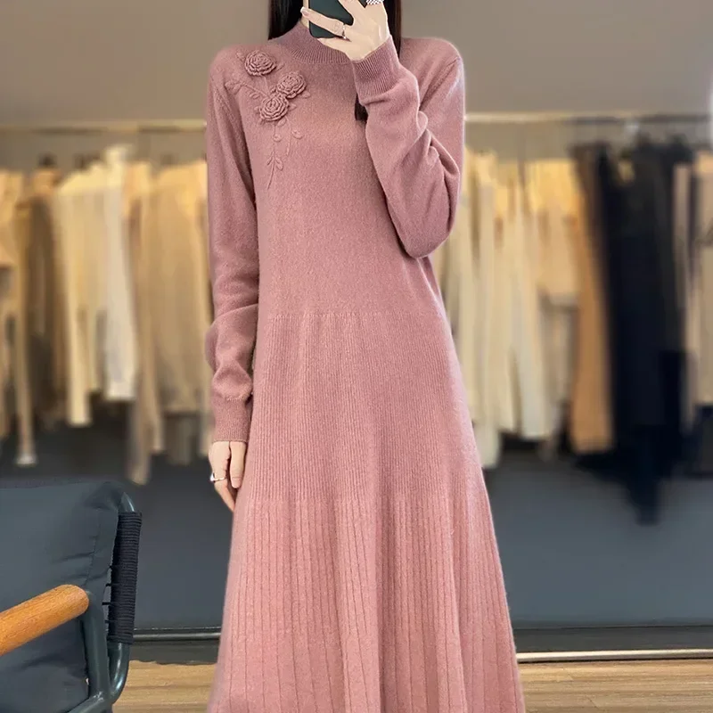 Vestido feminino de comprimento médio bordado com fundo de malha solto, vestido com gola semi-alta, lã 100% pura, outono e inverno, novo