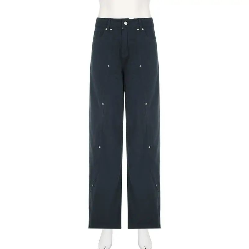 Damen-Jeans mit niedriger Taille, gerade, lockere Passform, weites Bein, Denim-Hose mit Nietendetails für lässige Streetwear, Frühling und Herbst
