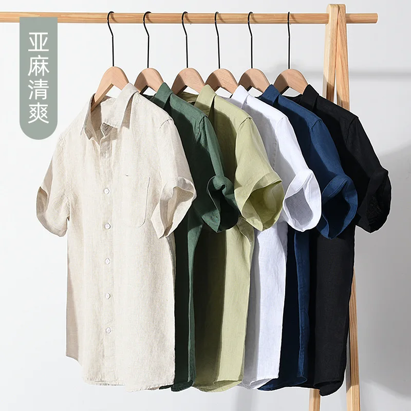 923 100% Linen Men\'s Summer Fashion Shirt High Quality Solid Color Simple Casual Short Sleeve Blouses Basic Thin Breathable Tops