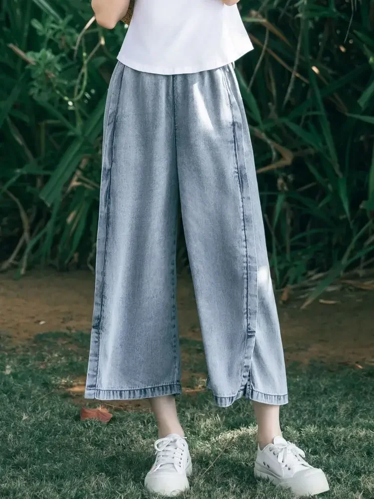 

Jeans for Women Capris Embroidered Summer Elastic Waist Wide Leg Pants High Korean Women's Vintage Baggy Denim Popular Clothes
