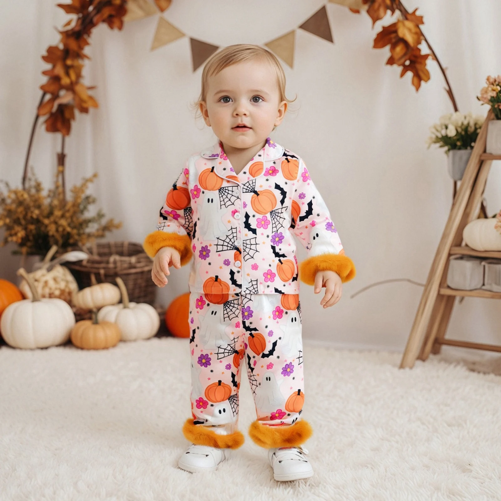 

Kids Girls Satin Halloween Pajamas Set Pumpkin Print Shirts Tops Long Pants Two Pieces Lounge Suit Sleepwear