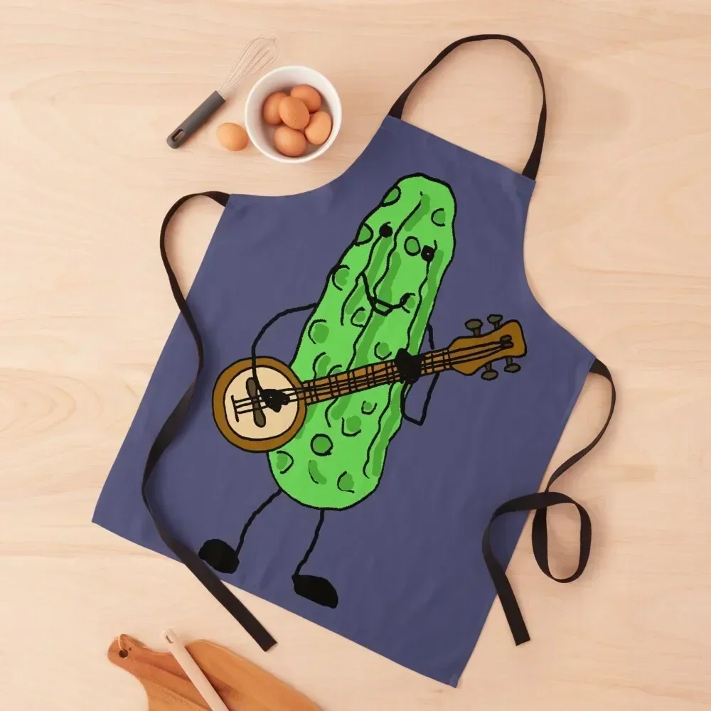 Funny Pickle Playing Banjo Music Cartoon Apron Art Salon Apron