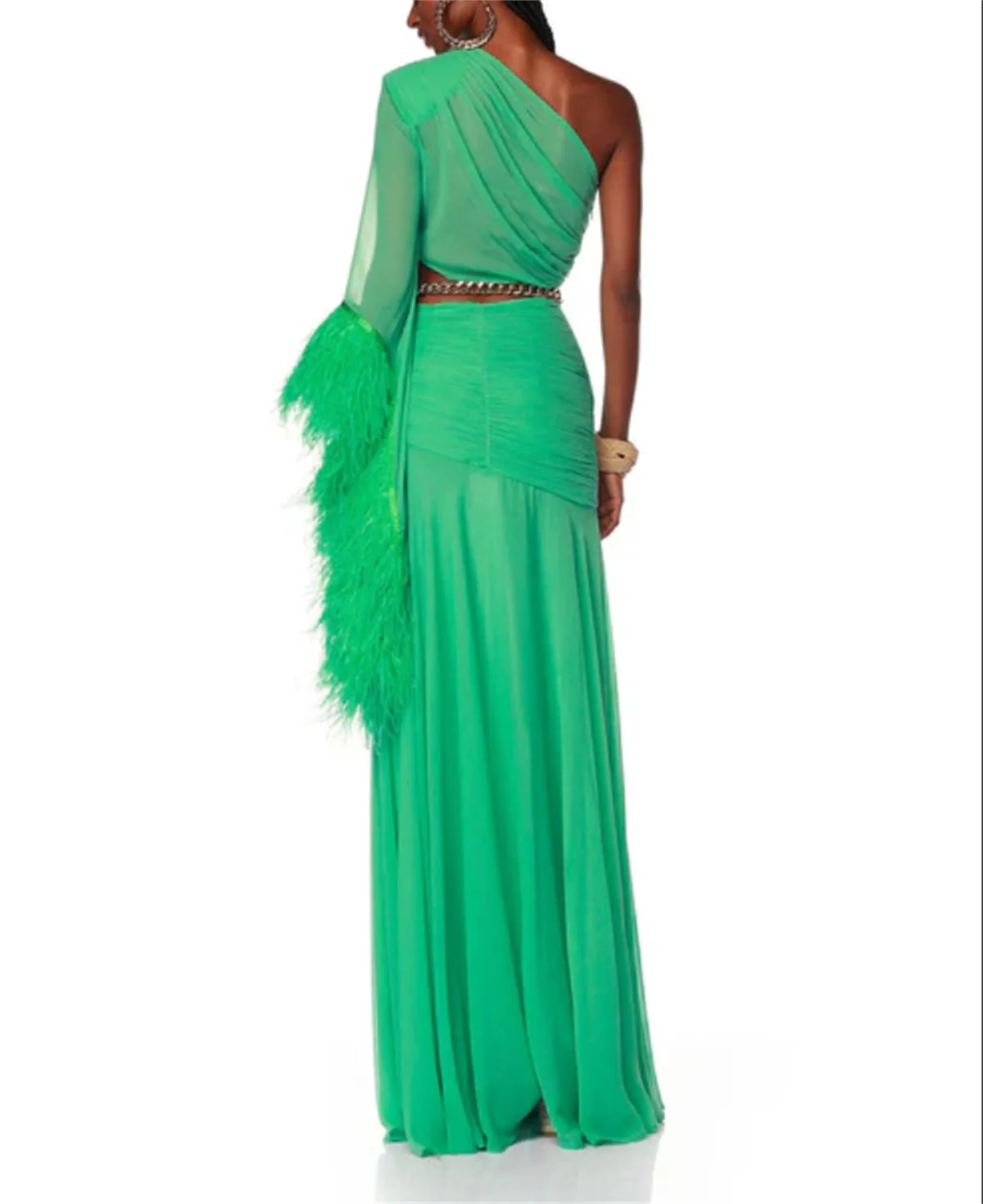 Fashion Green One Shoulder Prom Dress Sleeveless Satin Feather Skirt Evening Dress Sexy Cutout Special Occasion 2024 Custom New