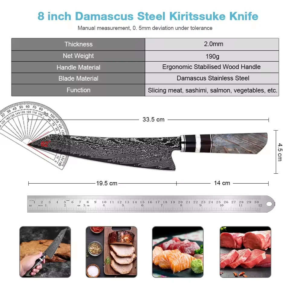 Kitchen Chef's Kiritsuke Knife 8 Inch, Professional Gyuto Knife Cooking Knife,Damascus Steel Black Blade, Stabilized Wood Handle