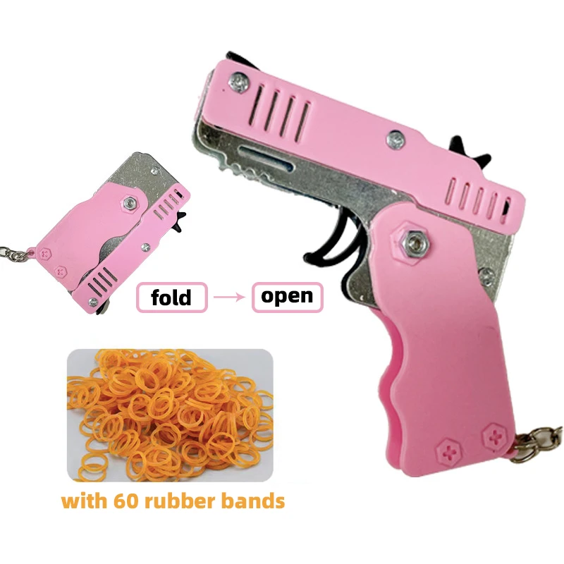 Mini Alloy Folding Pistol 60 Rubber Band Gun Scare Decompression Shooting Metal Keychain Kid Favors Toys for Children Boy Gifts