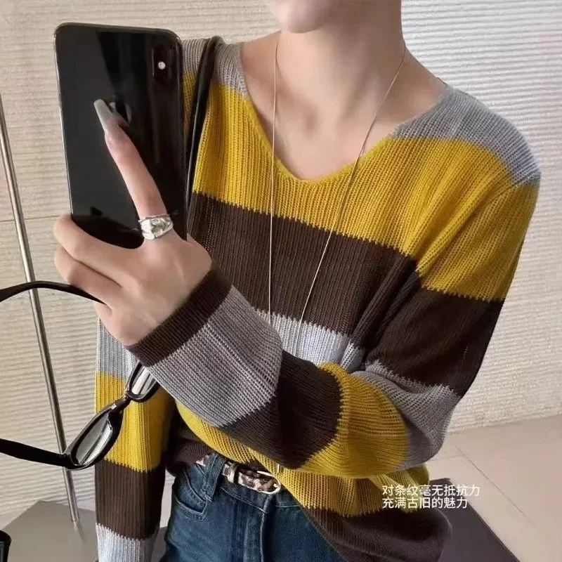 

Color-blocked Korean Style Autumn Sweater Versatile Striped Loose Lazy Long-sleeved Bottoming Top