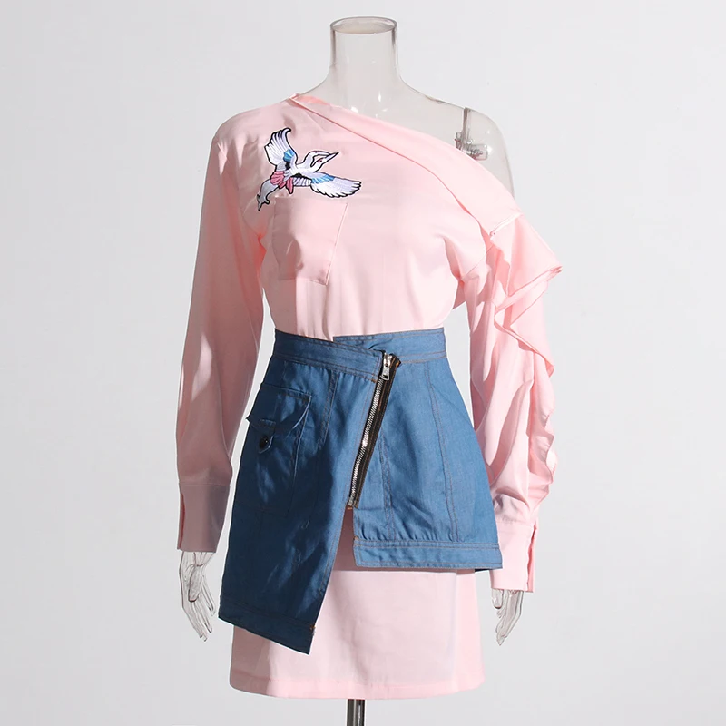 BPN Casual Two Piece Sets For Women Diagonal Collar Long Sleeve Off Shoulder Blouses High Wiast Denim Skirts Fashion Set Female