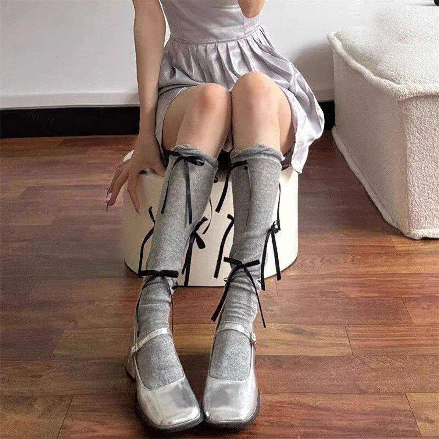 White  Knot Mid-Calf Socks Women's Summer Thin Ballet Style Long Socks Mary Jane Matchings Leg Shaping Home Comfort
