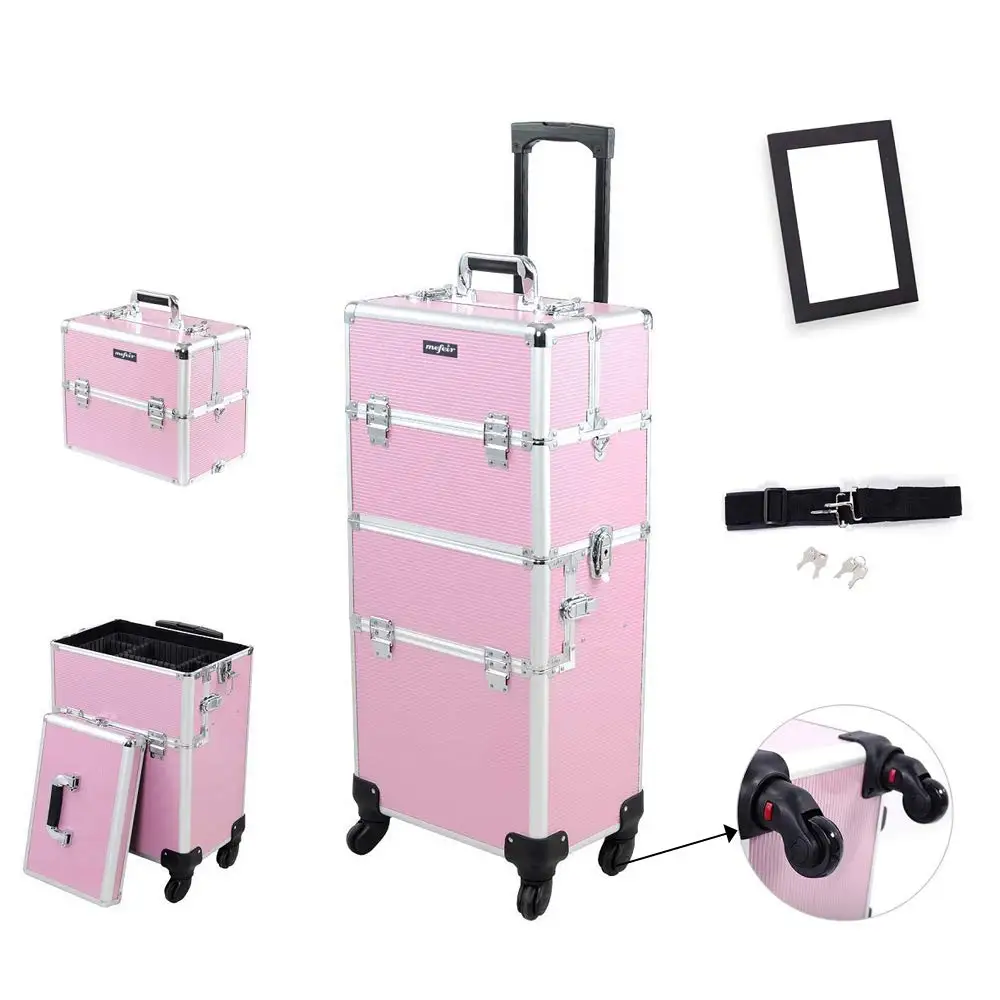 2-in-1 Rolling Makeup Train Case with Removable Wheels, Lockable Beauty Storage Luggage in Pink