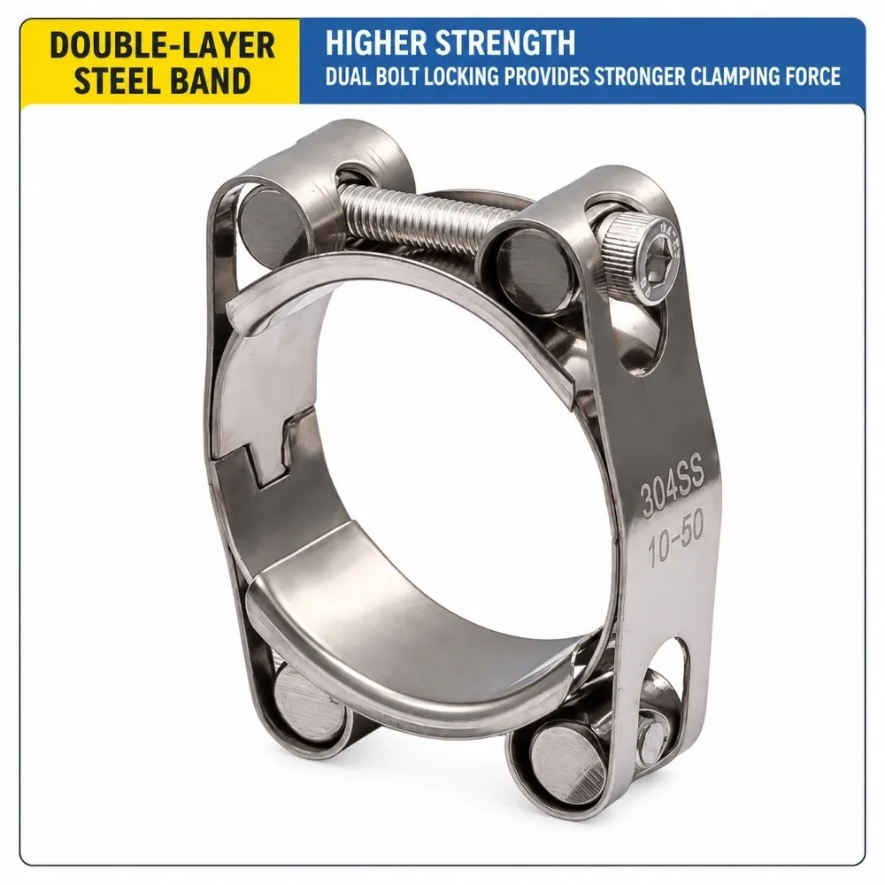 Durable 304 Stainless Steel T-Bolt Hose Clamp Double-head Strong Throat Hose Clamp Exhaust Pipe Clamp for Pressure Hoses