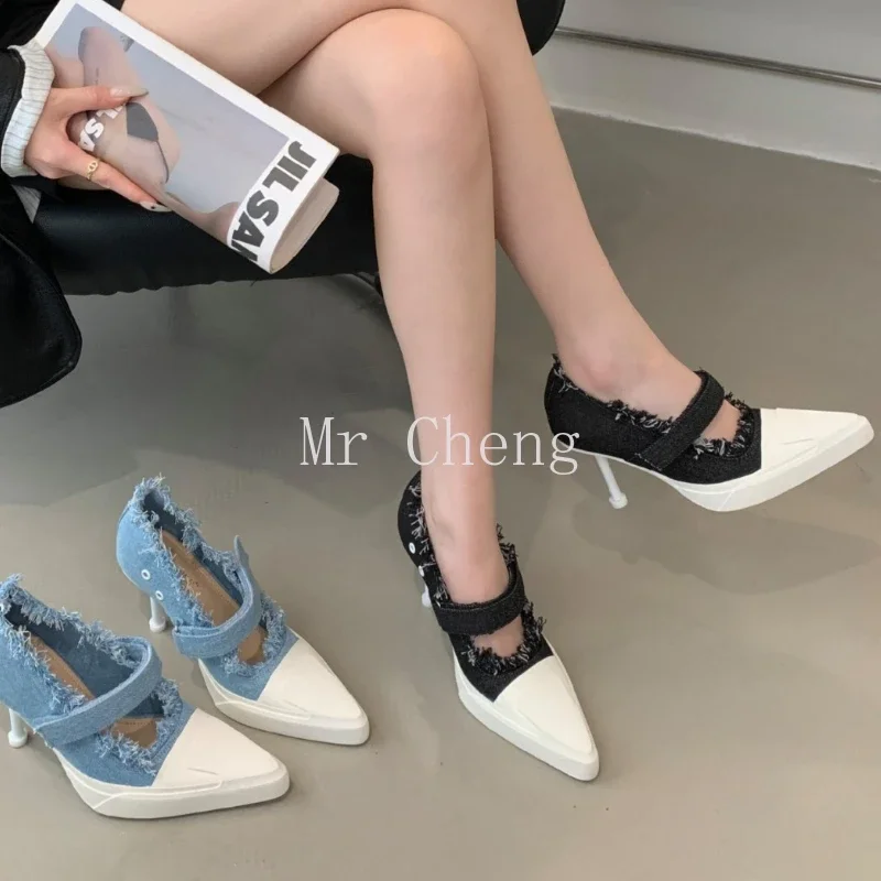 Spring/Summer 2025 Denim New Color-Blocked Velcro Heels Stiletto Wipe Blue Sexy Mary Jane Women's Shoes Brand Devise