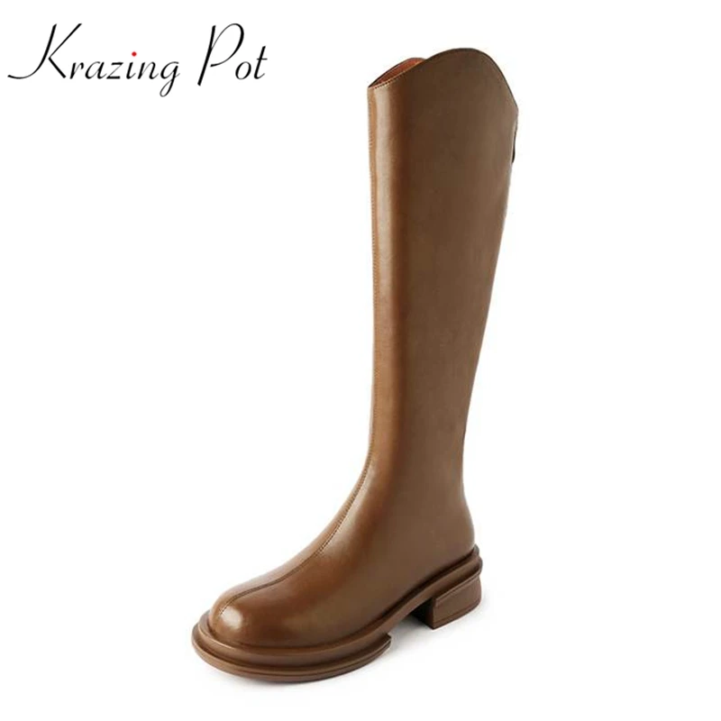 

Krazing Pot 2024 Cow Leather Round Toe Med Heels Winter Keep Warm Riding Boots Fashion Daily Wear Knightly Style Knee High Boots