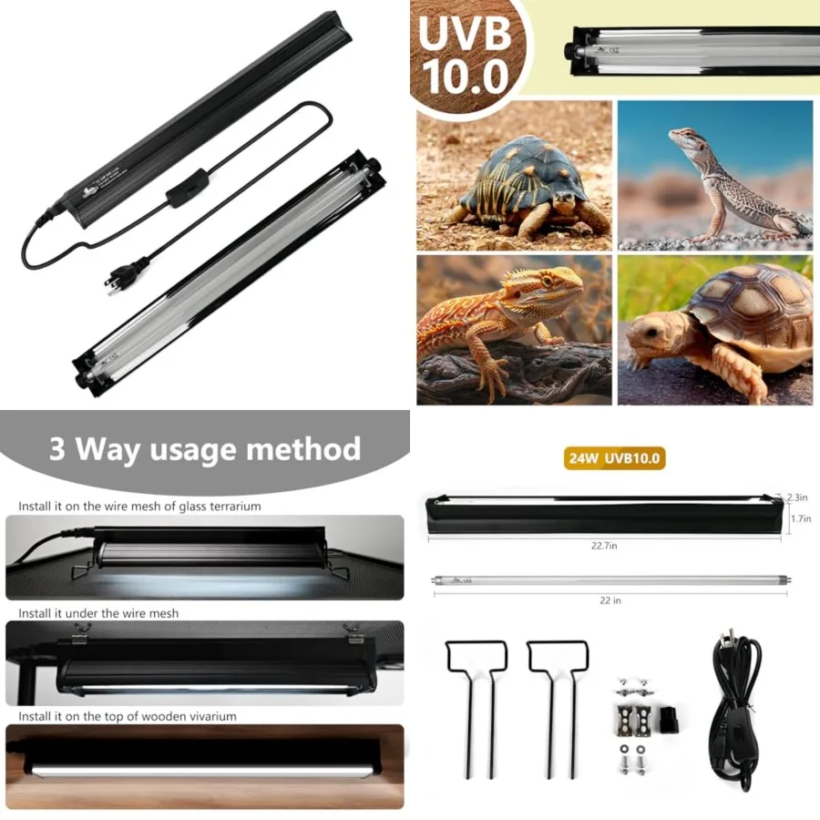 

T5 UVB Lighting Combo Kit for Reptiles, Light Fixture with Desert T5 UVB Light Bulbs Terrarium Hood Heat Lamp for Breaded Drago