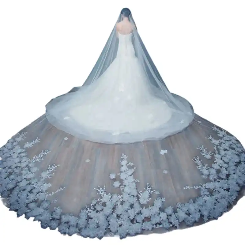 طرحة زفاف رائعة ثلاثية الأبعاد مزينة بالدانتيل إكسسوارات الزفاف مخصصة طبقة واحدة طول الكاتدرائية حجاب العروس مع مشط #4