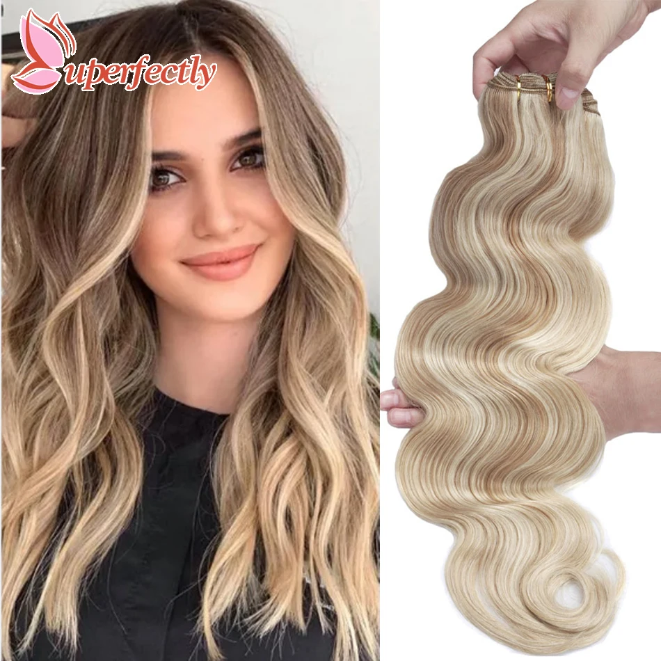 Remy Human Hair Weft Remy Hair Bundles Highlight Blonde Sew In Body Wave  Skin Double Weft For Salon Hair Extensions12-26Inch