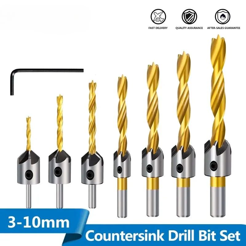 8pcs/set 3-10mm Titanium Coating Countersink Drill Bit Set with Hex Key Screw Hole Drill Cutter HSS Woodworking Tool