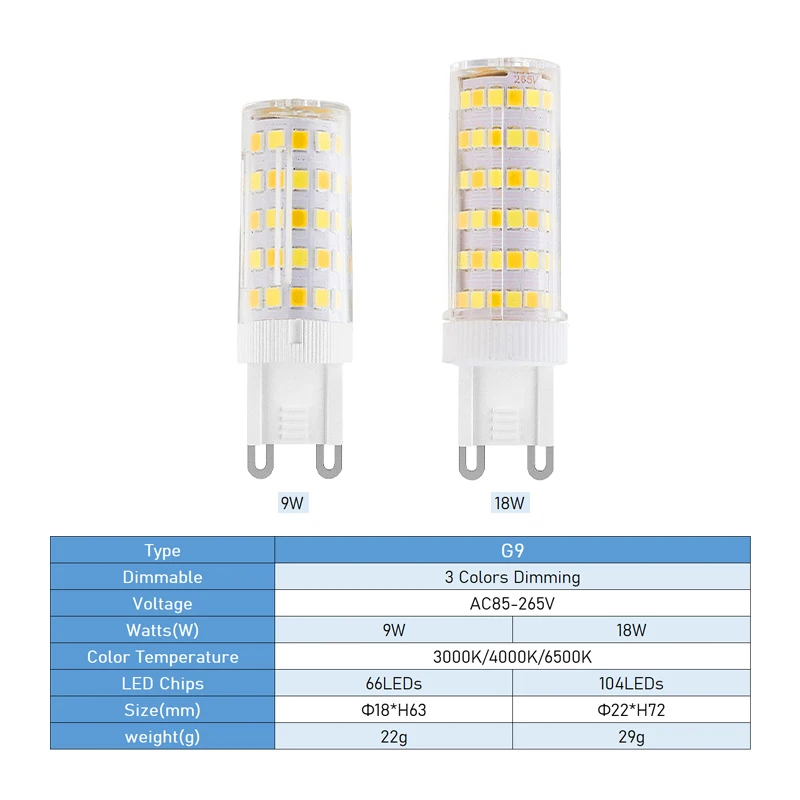 LED 옥수수 전구 G9 베이스 9W 18W 세라믹 AC 85 265V 넓은 전압 깜박임 무료 3000K 4000K 6500K 삼색 디밍 5개 묶음