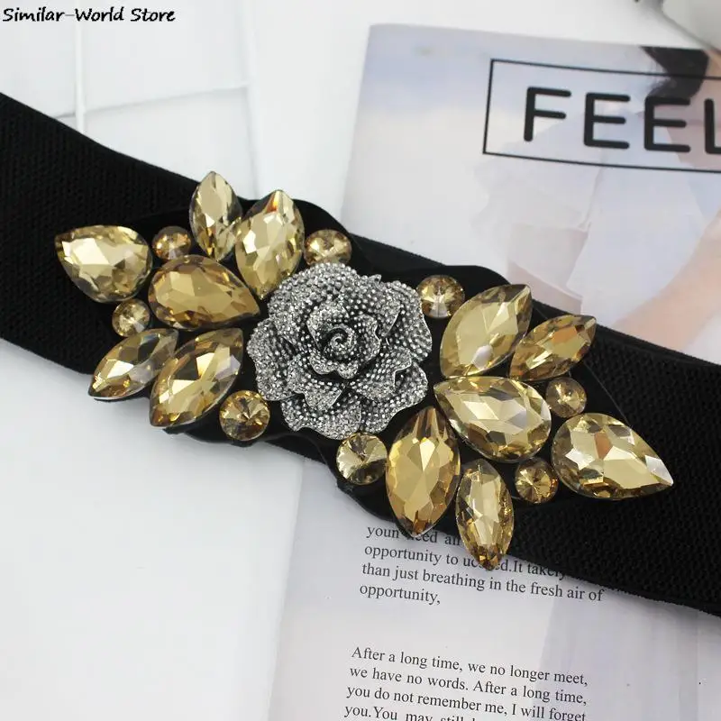 Female Rose Flower Rhinestone Elastic Waistband Women Waist Cinch Band Dress Overcoat Clothing Accessories