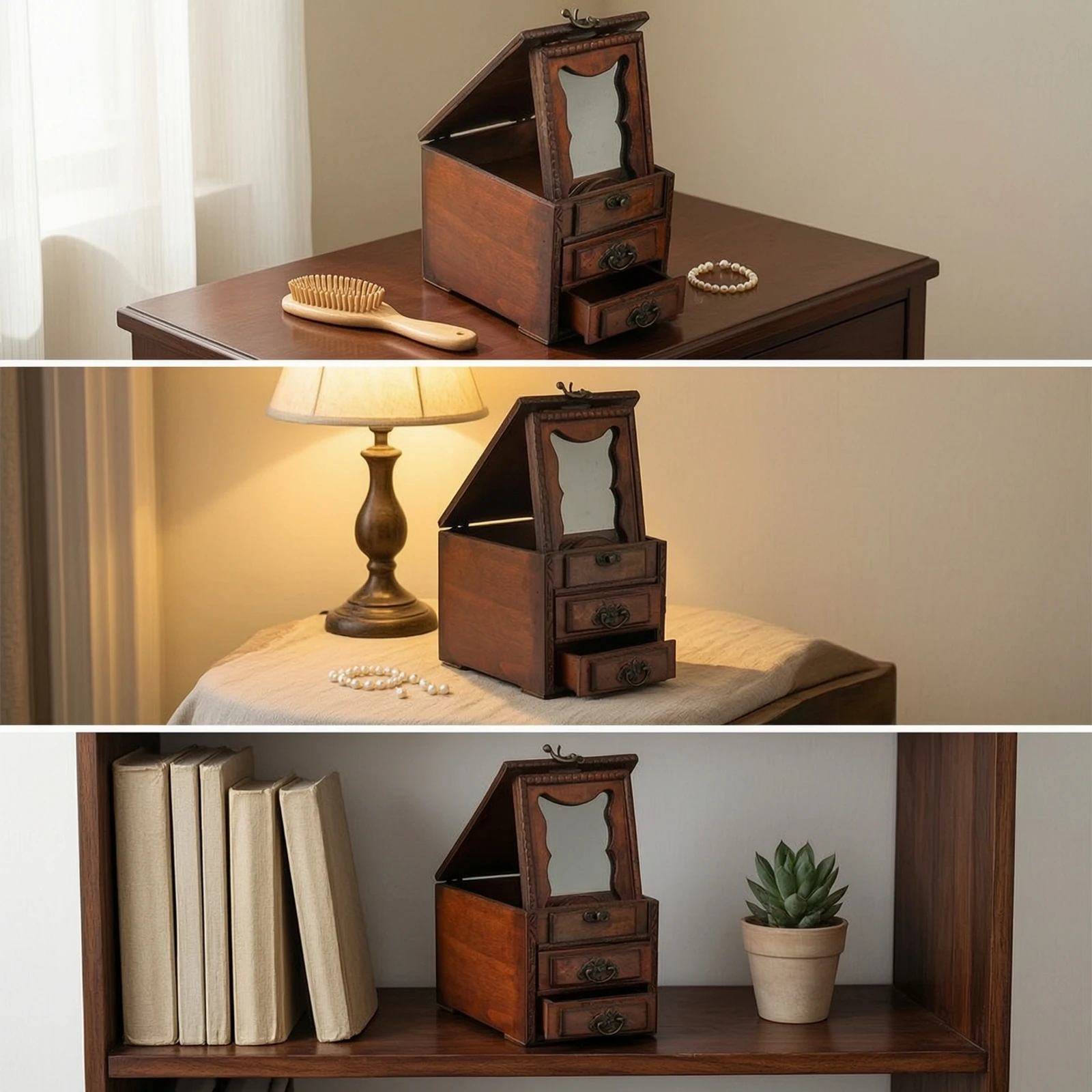 Wooden Jewelry Box with Mirror Solid Wood Wooden Jewelry Box Compact Sturdy for Women, Dressing Table, Bedroom