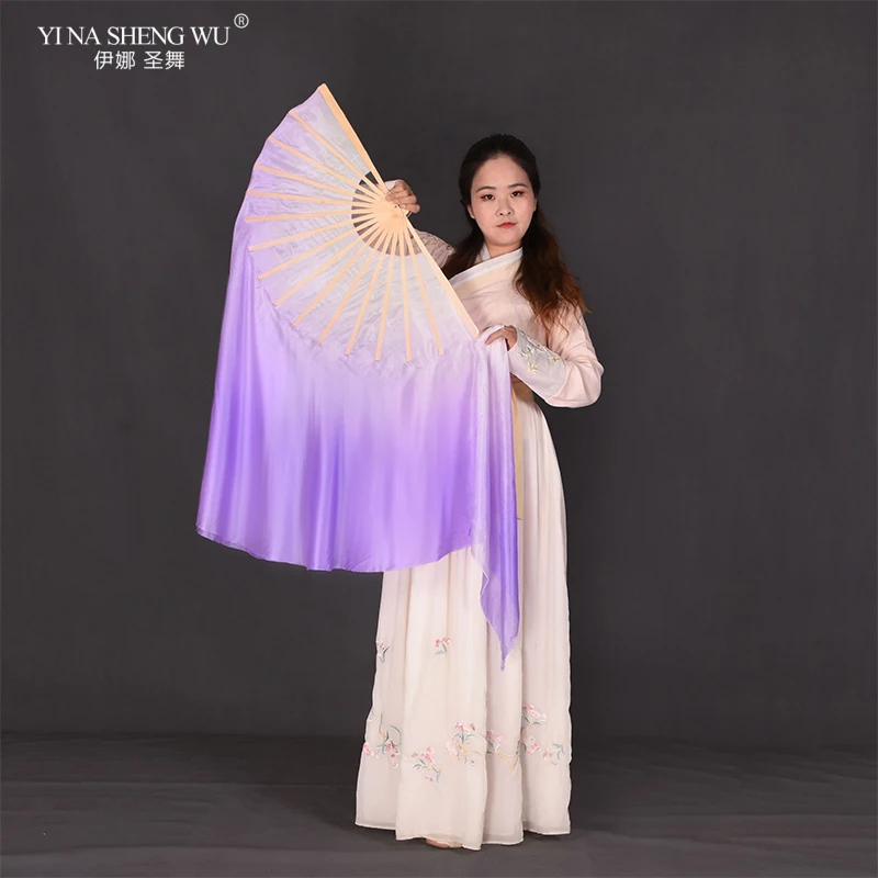 Hand Folding Fan Double-Side Women Real Silk Fan Veil Half Circle Belly Dance Short Performance Show Props Big Size Violet