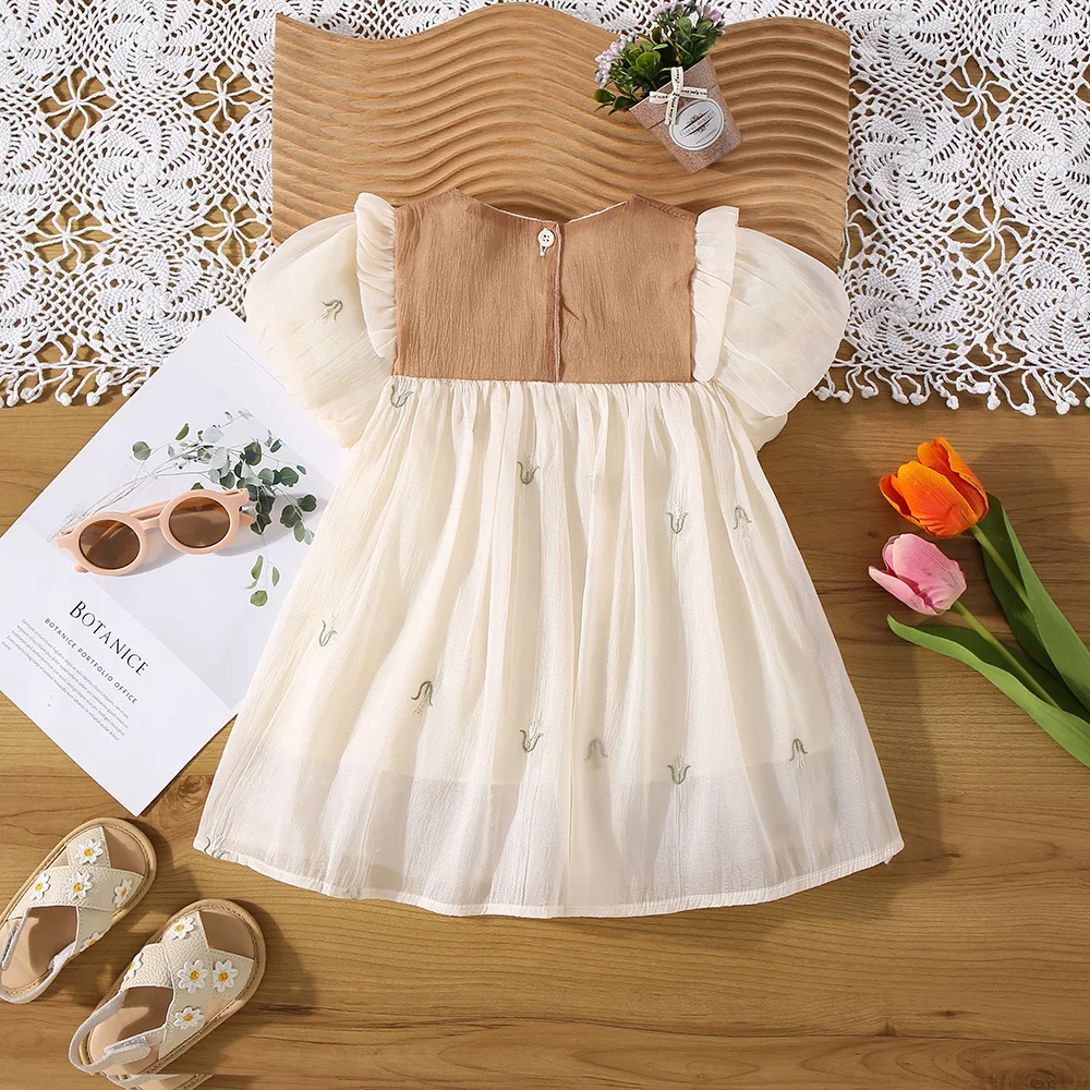 Summer Baby Girl Dress Girl Colored Collar 3D Small Bow Small Flower Embroidered Mesh Princess Dress