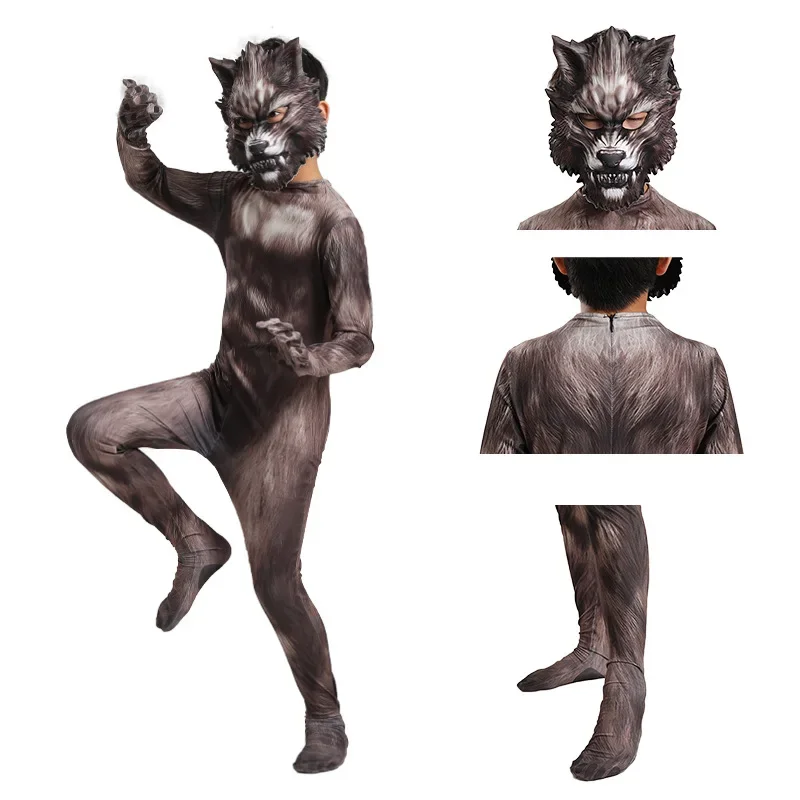 SN55Werewolf Cosplay Costume Jumpsuit 3D Mask Suit Bodysuit Carnival Birthday Party Clothes Animal Wolf Costume for Boys Ad@54WE