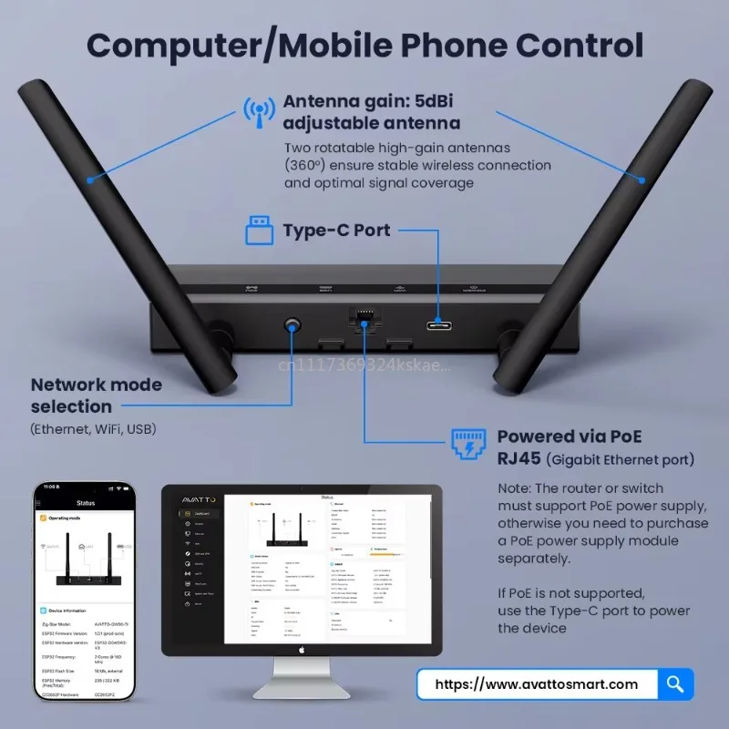 OEM Zigbee 3.0 smart home coordinator gateway, powered by PoE/Type-C, with Ethernet/WiFi/USB connectivity,supportingWeb firmware