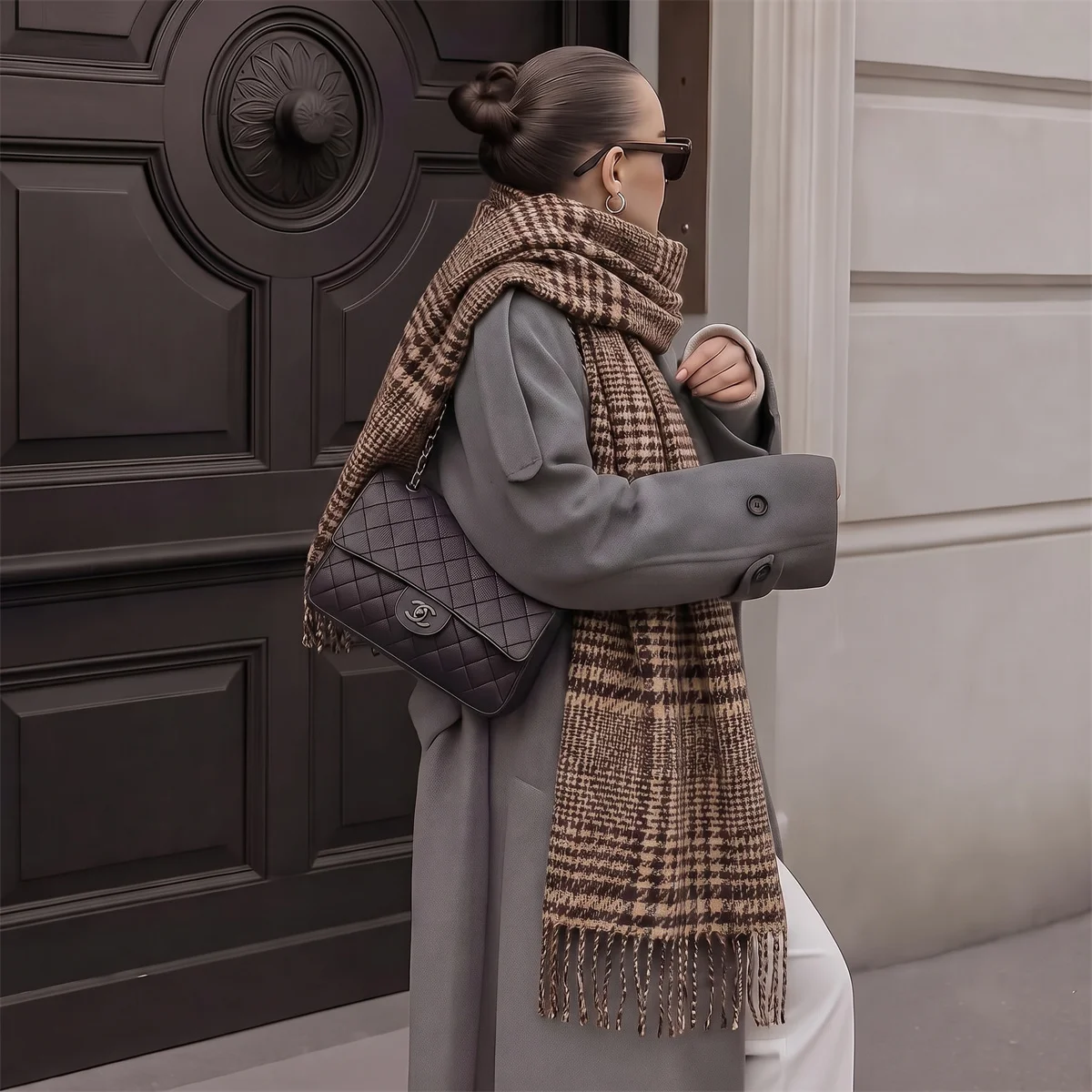 Vintage Houndstooth Scarf for Women Warm Soft Tassel Fringe Shawl Large Scarves Wrap Cozy Fall Winter Daily Neckwear Accessory
