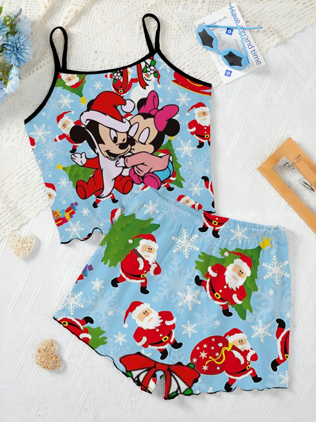 Elegant Women's Sets Lettuce Trim Home Dress Christmas Mickey Minnie Mouse Top Pajama Skirt T-shirt Disney Pieces Short Suit Top