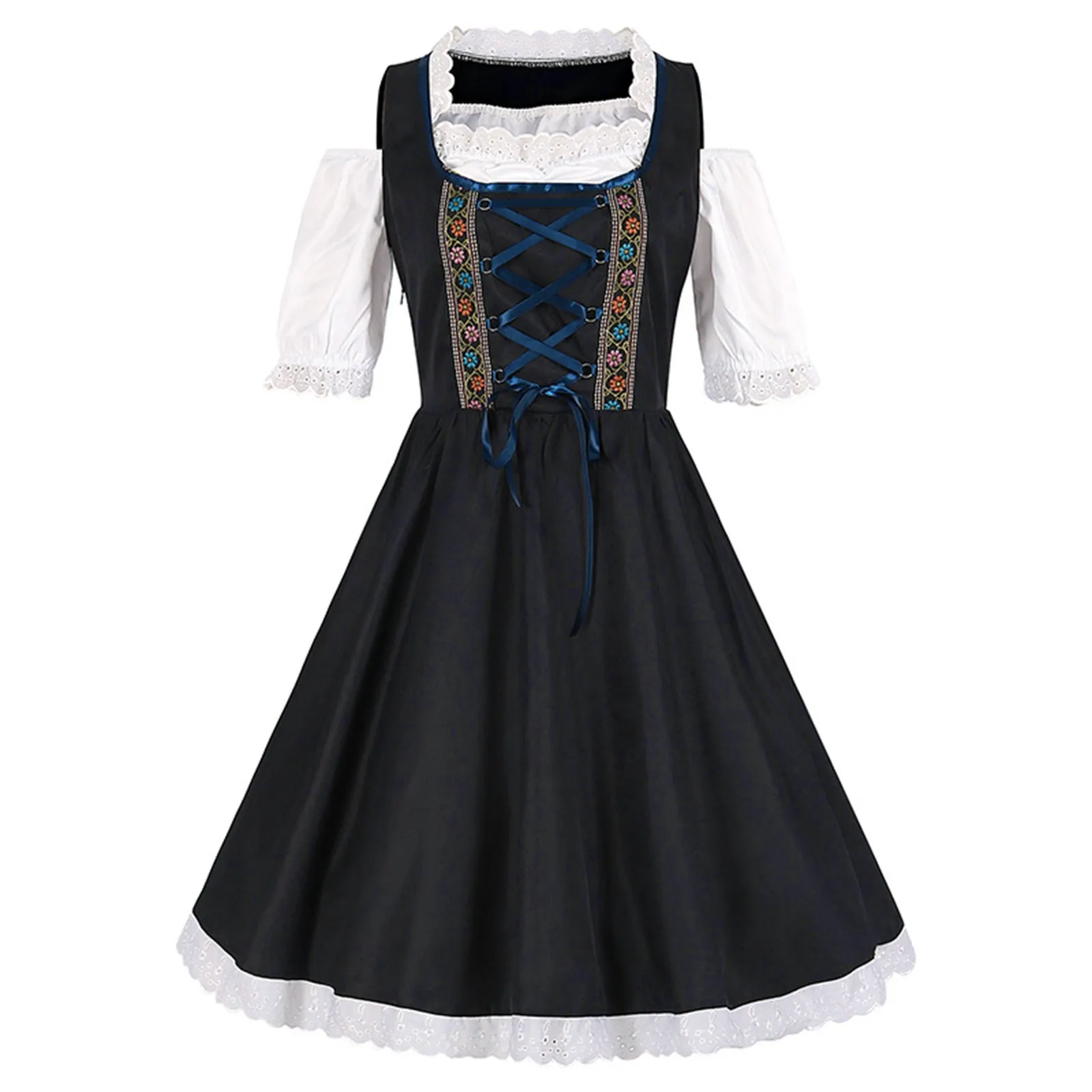 Women Oktoberfest Dress With Floral Sheer Apron Lace-Up Dirndl Dresses Festival Traditional Bavarian Beer Costumes Clothes