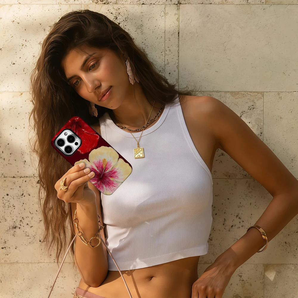 HIBISCUS زهرة جراب هاتف آيفون 16 15 14 13 12 11 X XS XR XSMAX 7 8 Pro Max Plus طبقة مزدوجة الغطاء الخلفي