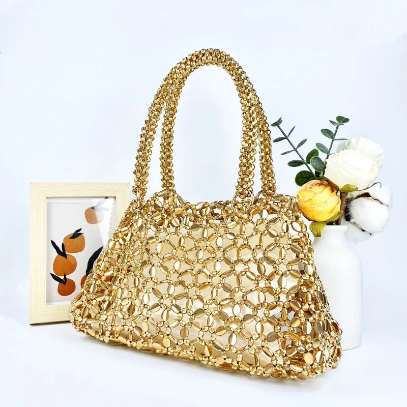 Rock Gold Silver Hand Woven Acrylic Beads Handbag Metal Shiny Evening Bag Handmade Beaded Retro Wedding Party Tote Bag 2024 New