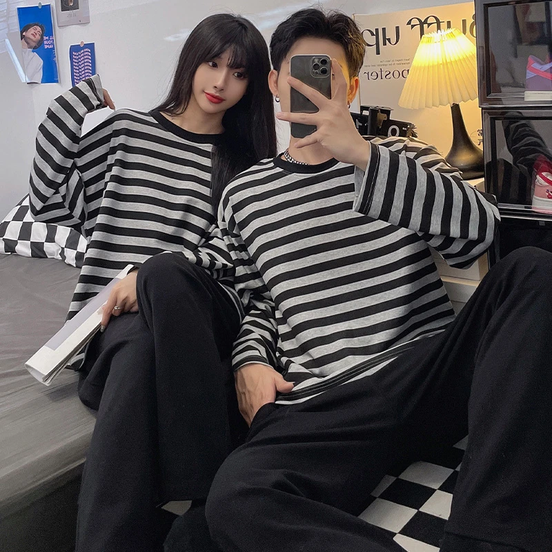 Cotton Men Pajamas Plus Size Autumn and Winter Striped Long-Sleeved Trousers 2 Piece Set Sleepwear Casual Breathable Home Wear