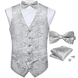 Formal Gray Vest for Man Wedding Fashion Men's Paisley Waistcoat Bow Ties Handkerchief Cufflinks Set Business Party Dress Vests