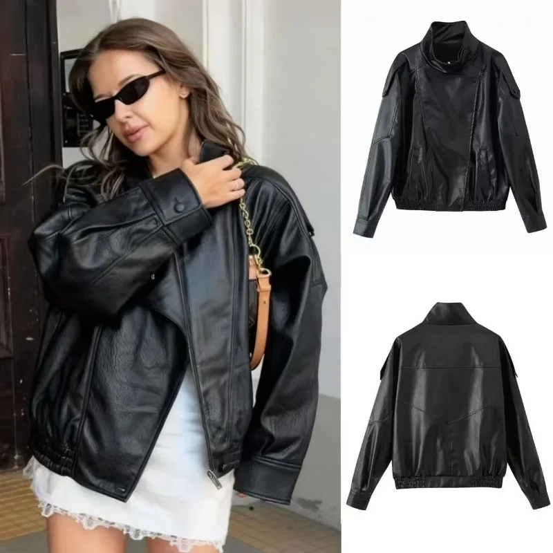 Vintage Street PU Leather Women Jacket Women Solid Loose Stand Collar Zipper Pocket Coat Spring Autumn Lady Chic Outerwear