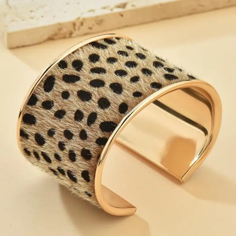 31BF Leopard Print Wide Cuff Open Wrist Bangle Adjustable Closure Soft Flocking Bracelet Comfortable Alloy Fashion Jewelry