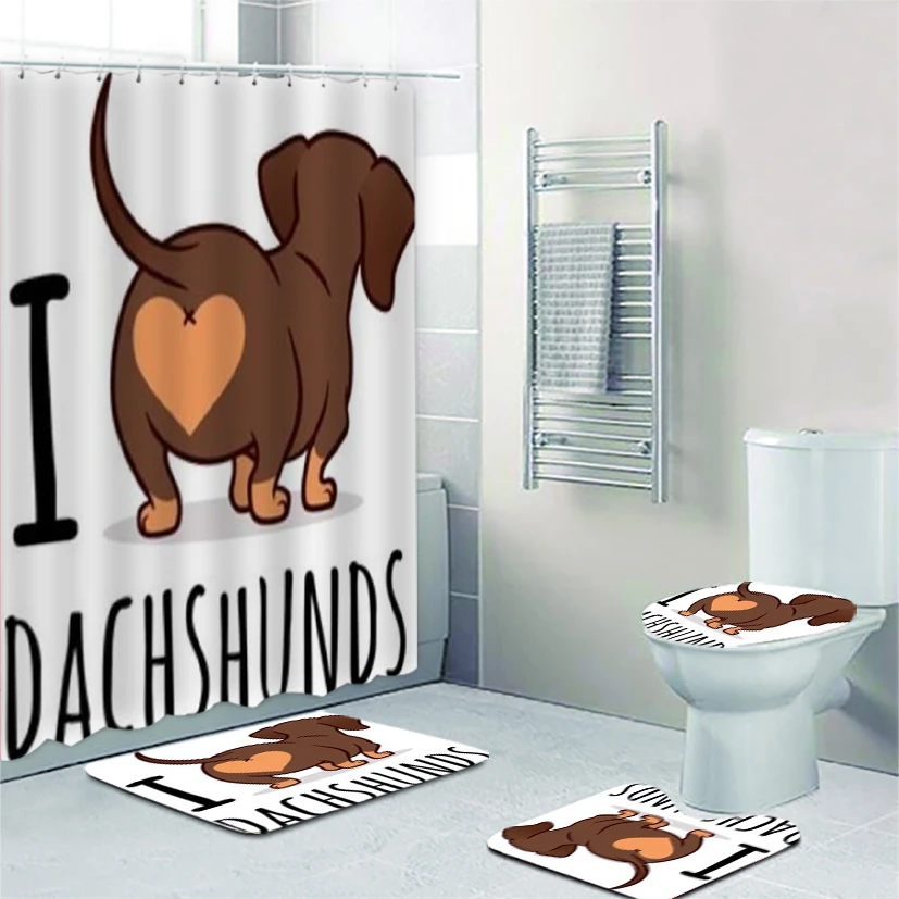 Scandinavian Baby Dachshunds Shower Curtain Set for Kid Bathroom Decor Nordic Sausage Dog Bath Mats Rug Toilet Accessories