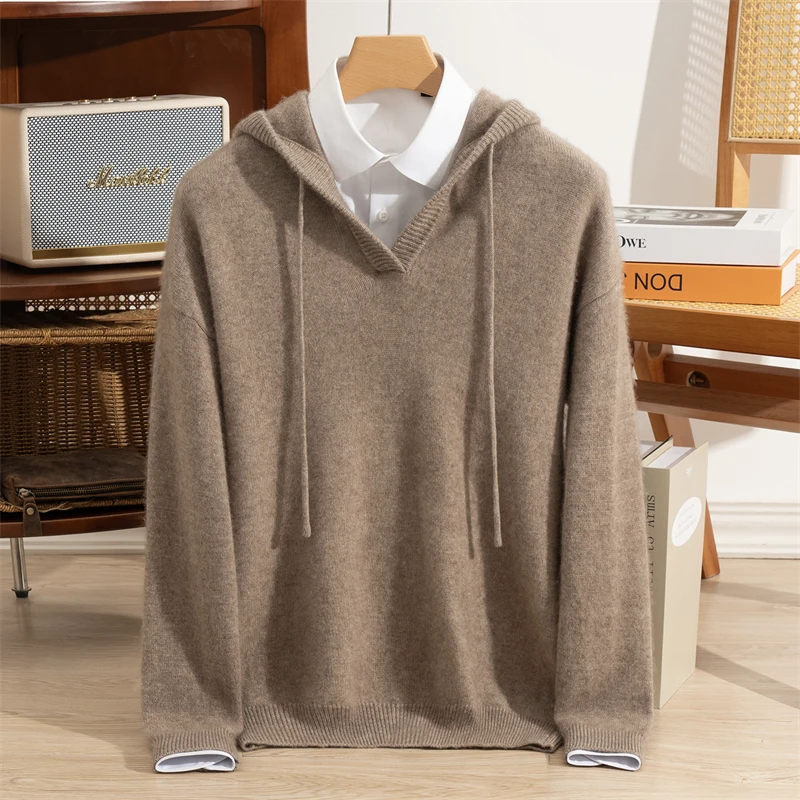 MVLYFLRT Men's 100% Cashmere Knitted Hooded Pullover Sweater Casual Versatile Thick Hood for Autumn Winter Men's Clothing