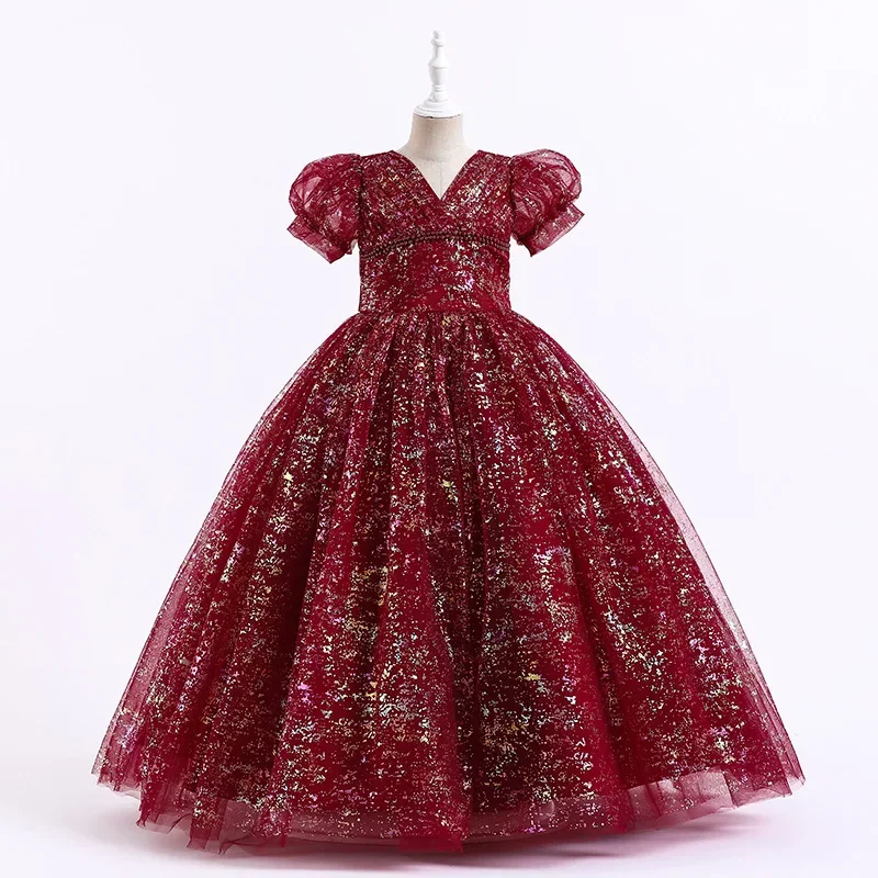 Robe de mariée longue en maille bouffante pour filles, robe de princesse pour enfants, manches à bulles, fête d'anniversaire, nouvelle mode