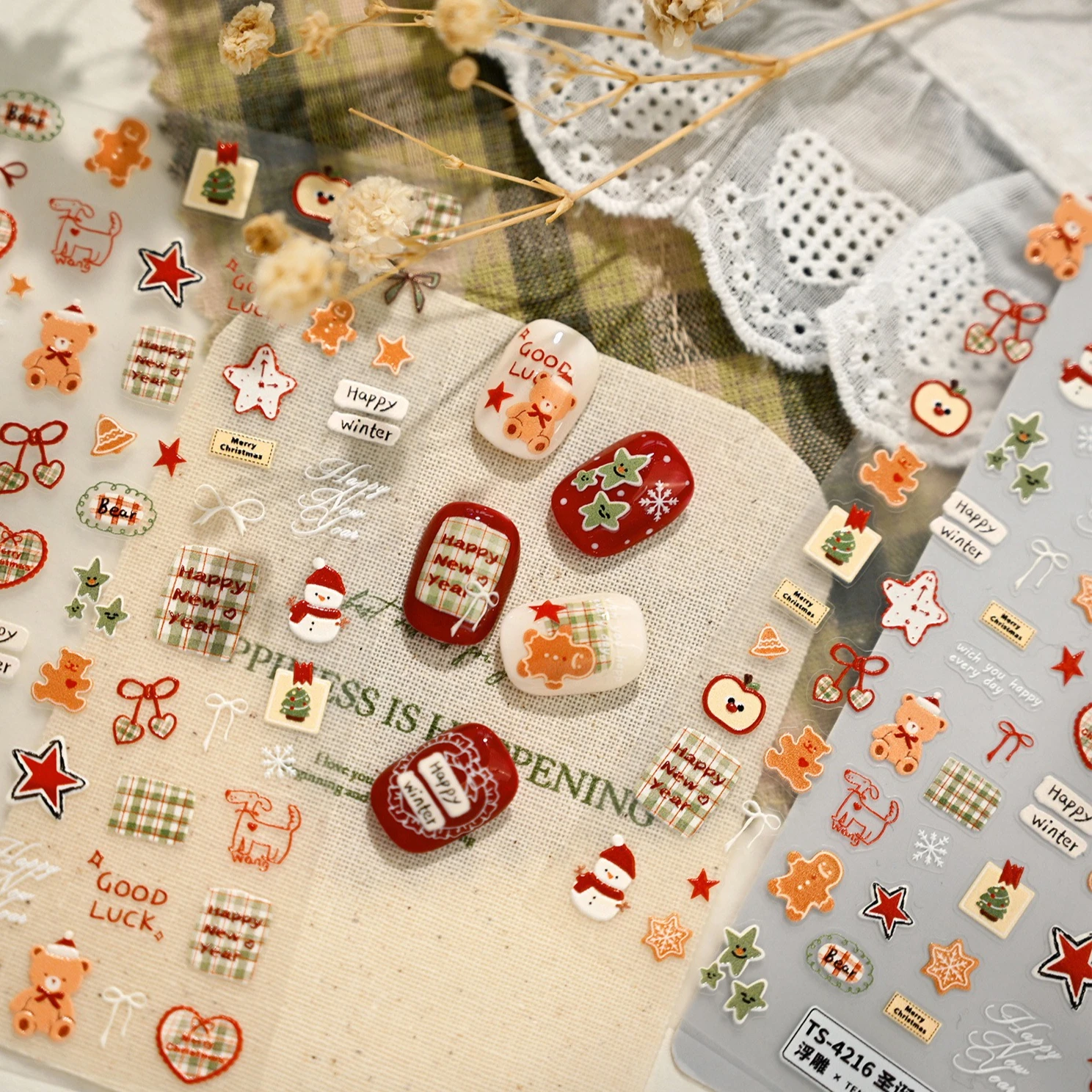 عيد الميلاد الدب Bowknot ثلج الحب القلب شريط النسيج ندفة الثلج الأحمر الأخضر ستار الكلب الزنجبيل مسمار الفن ملصق مانيكير مائي #6