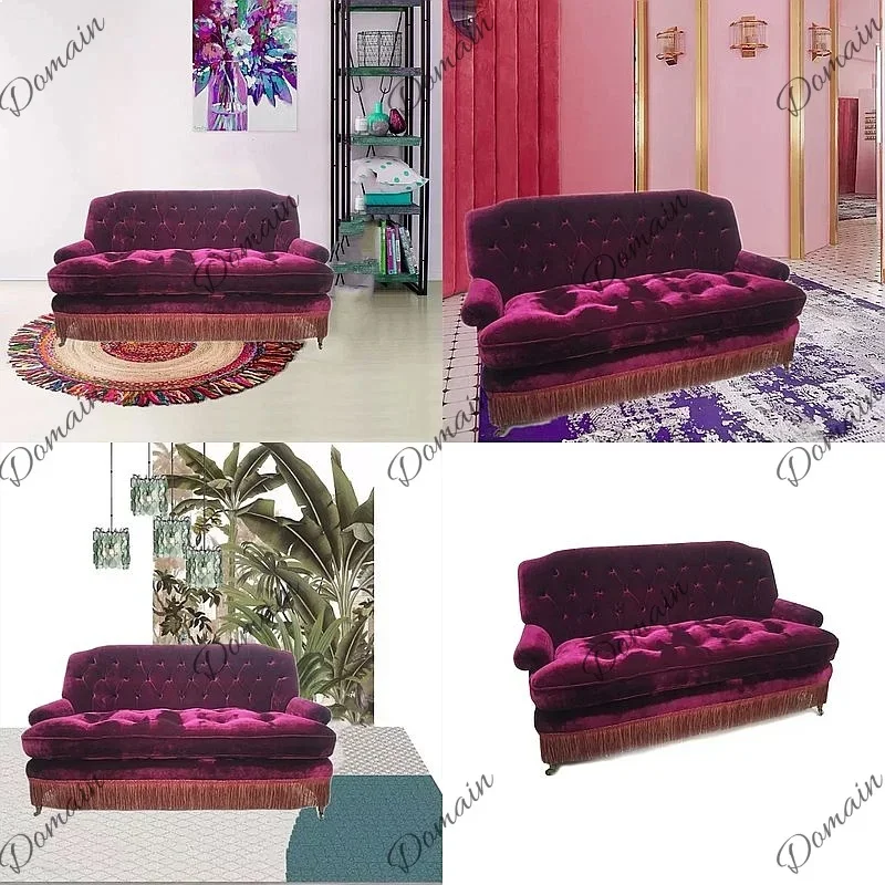 B80 Velvet Sofa 2-Seater Purple Red Wine Color French Retro Designer Loveseat For Living Room