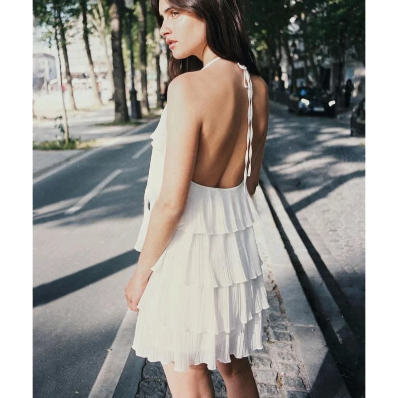 Vestido f novo de verão, gola suspensa, decoração em camadas, costas nuas, versão H, estilo fada, casual, vestido de f...